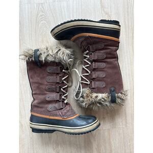 Sorel Joan of Arctic Waterproof Lace-Up Winter Boots Brown Black Faux Fur - 8.5